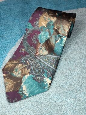 Bill Blass Silk Paisley Tie Purple Teal Taupe Made USA Vintage Classic 90s